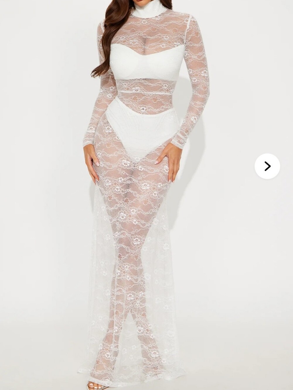 Fashion Nova White Sheer Lace Long Sleeve Maxi Gown